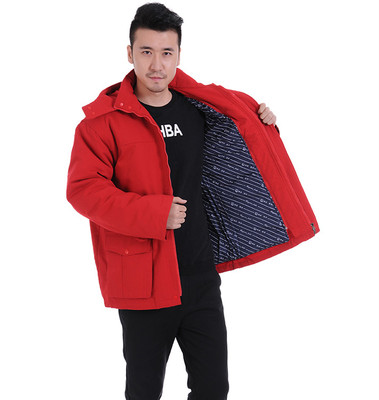 磨毛大红中长款棉服